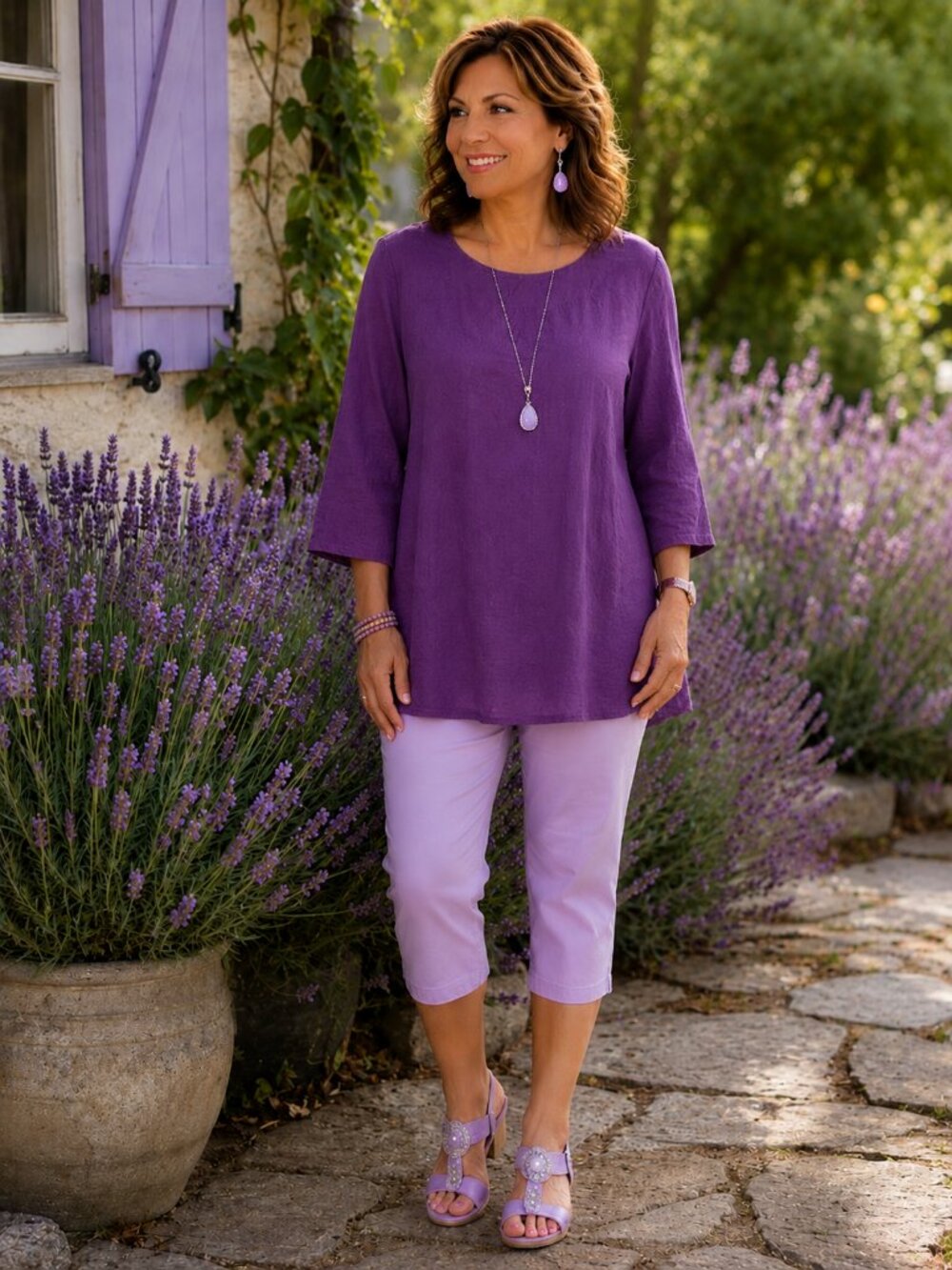 Bryan Walker XL Deep Purple 100 % linen Round-Neck Tunic